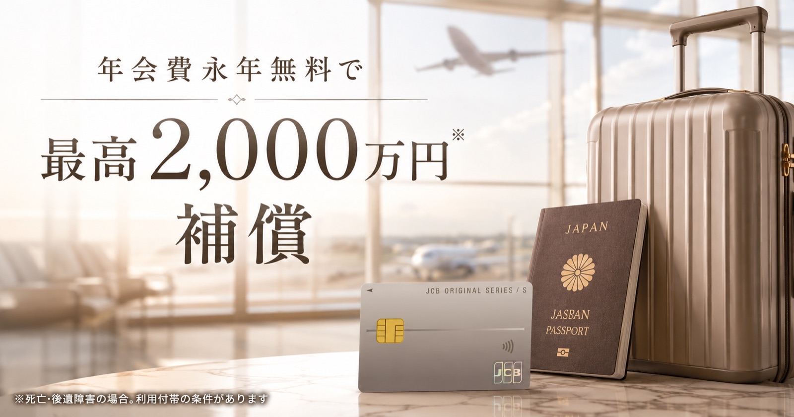 クレジットカード海外旅行保険の利用付帯を解説する記事のアイキャッチ。空港とパスポートとクレジットカード