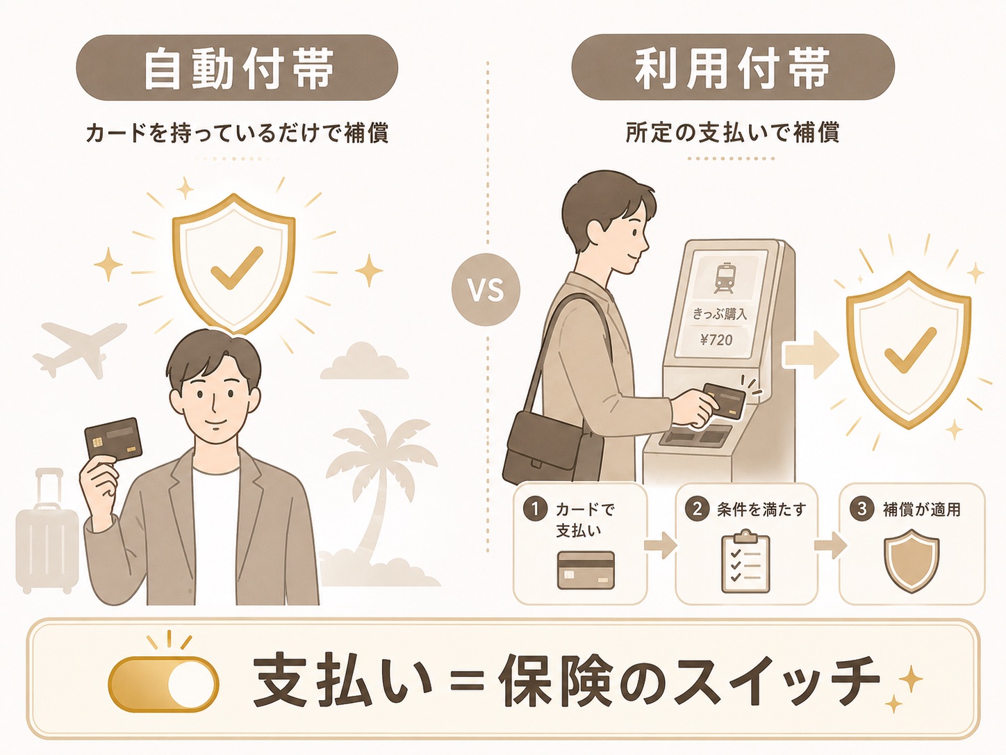 海外旅行保険の自動付帯と利用付帯の違いを示す図解。利用付帯は支払いが保険のスイッチになる