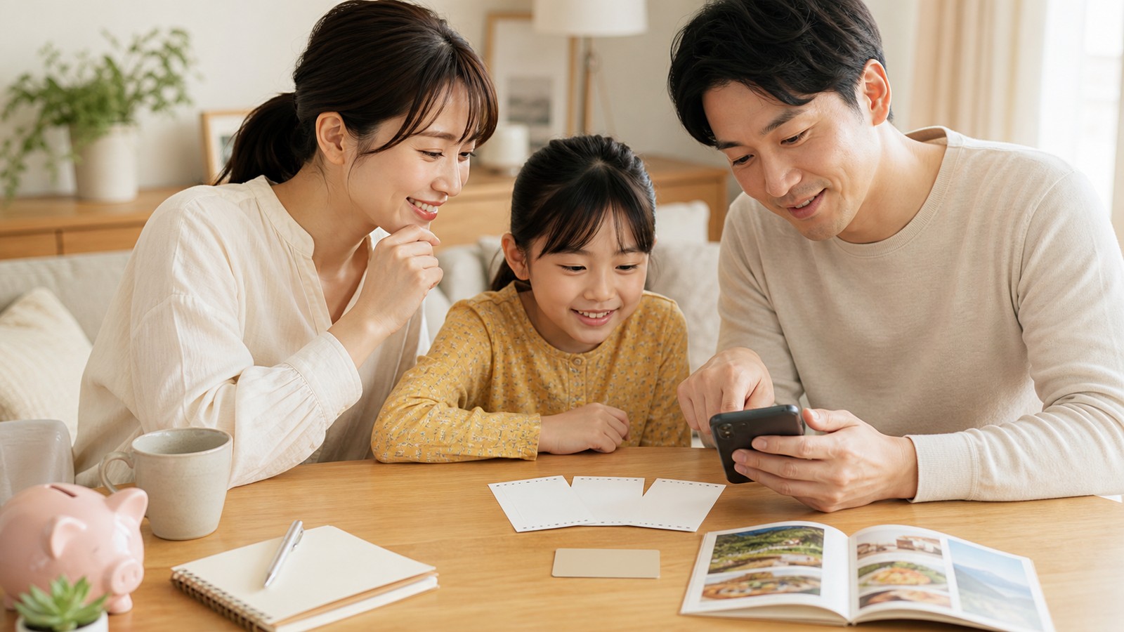 家族で週末のお出かけを計画しながら優待を確認するイメージ