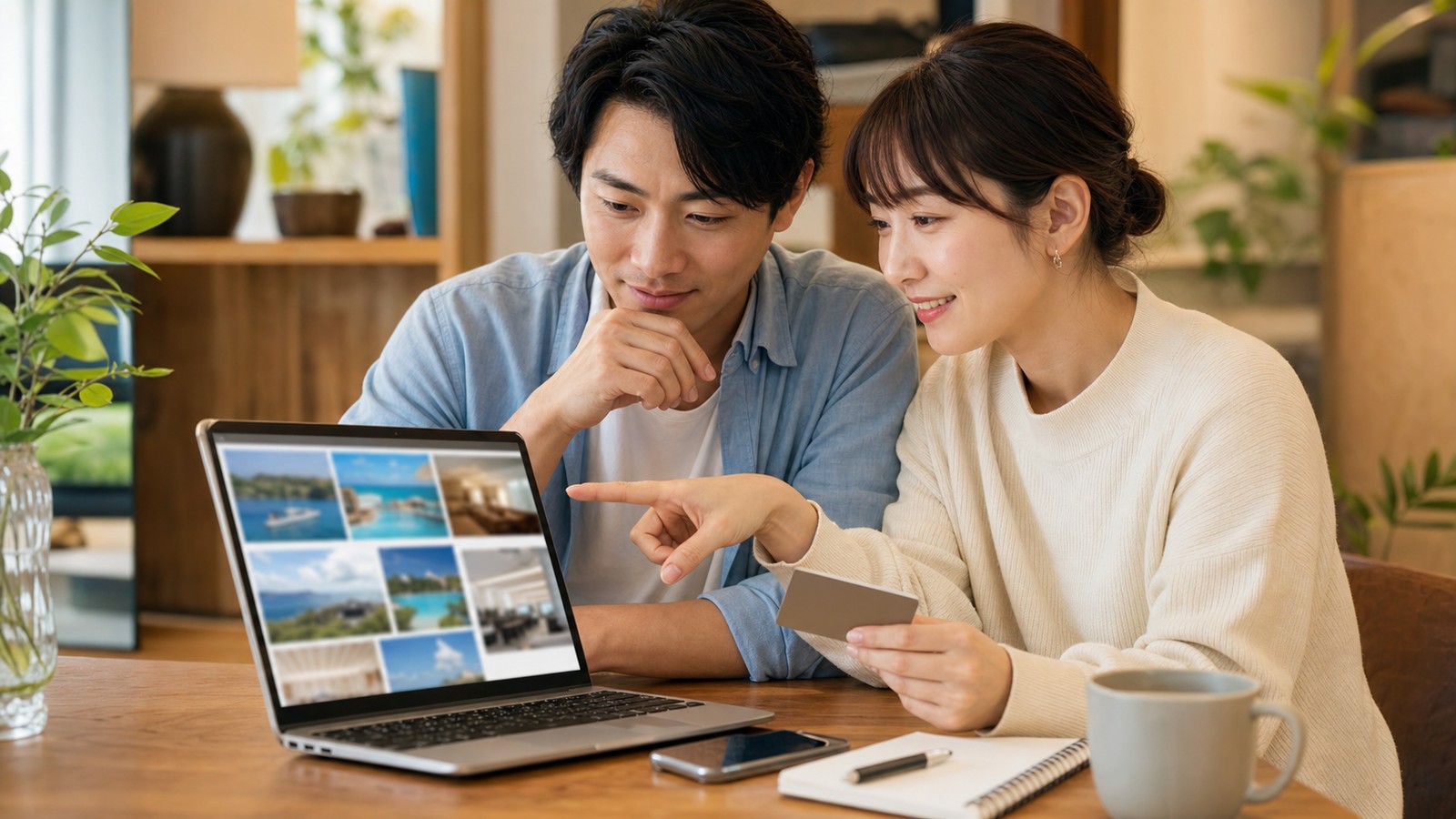 旅行や宿泊予約の前にクラブオフを確認するイメージ。ノートパソコンとスマートフォンで旅行候補を見ている