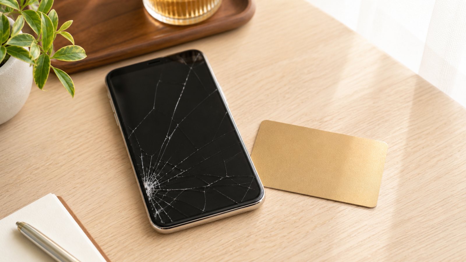 スマホ保険付きクレジットカードを解説する記事のアイキャッチ。画面が割れたスマートフォンとクレジットカード
