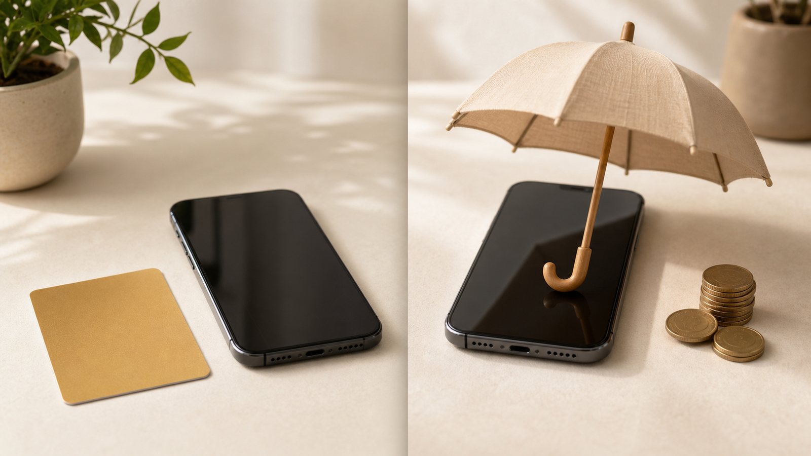 カード付帯のスマホ保険と有料のスマホ保険を比較するイメージ。コストと補償範囲の違い