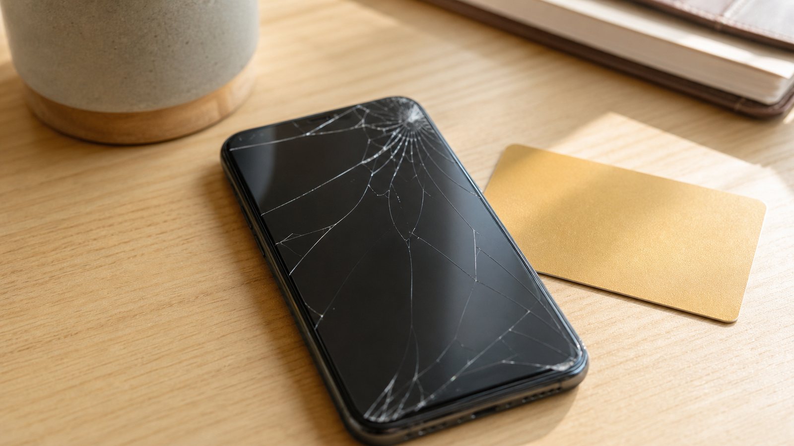 画面が割れたスマートフォンとクレジットカードを机に置いたイメージ