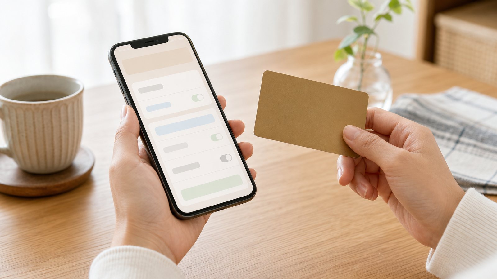 スマートフォンの通信料の支払いをクレジットカードに設定するイメージ。スマホとカードを持つ手
