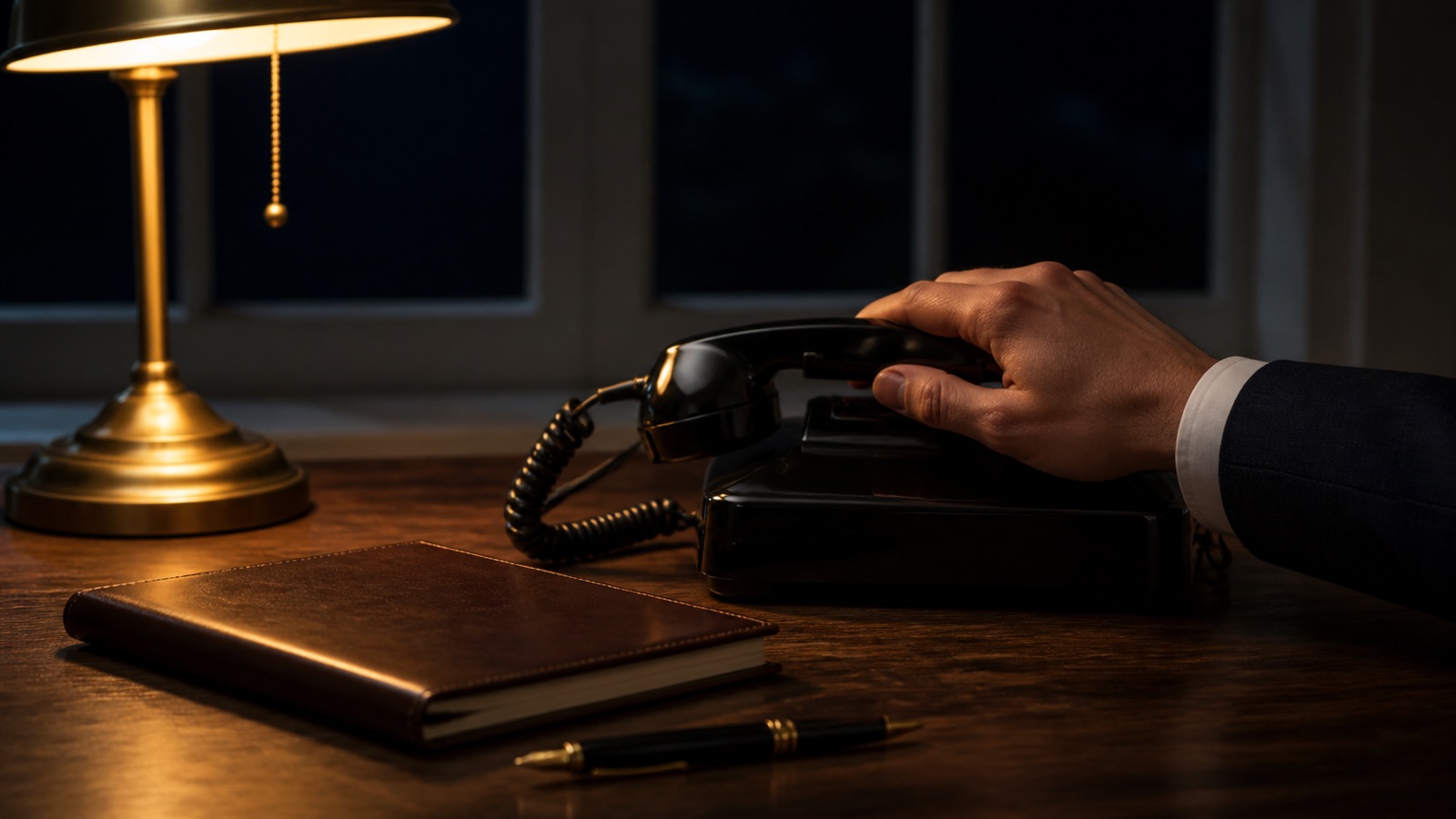 夜のデスクで電話を手にする場面。24時間365日対応のコンシェルジュデスクのイメージ