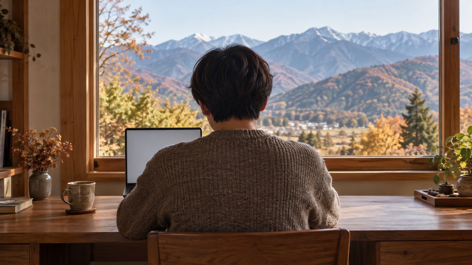 長野の自宅でクレジットカードの申込条件を確認するイメージ。窓の外に山並みが見えるリビングでノートパソコンに向かう人