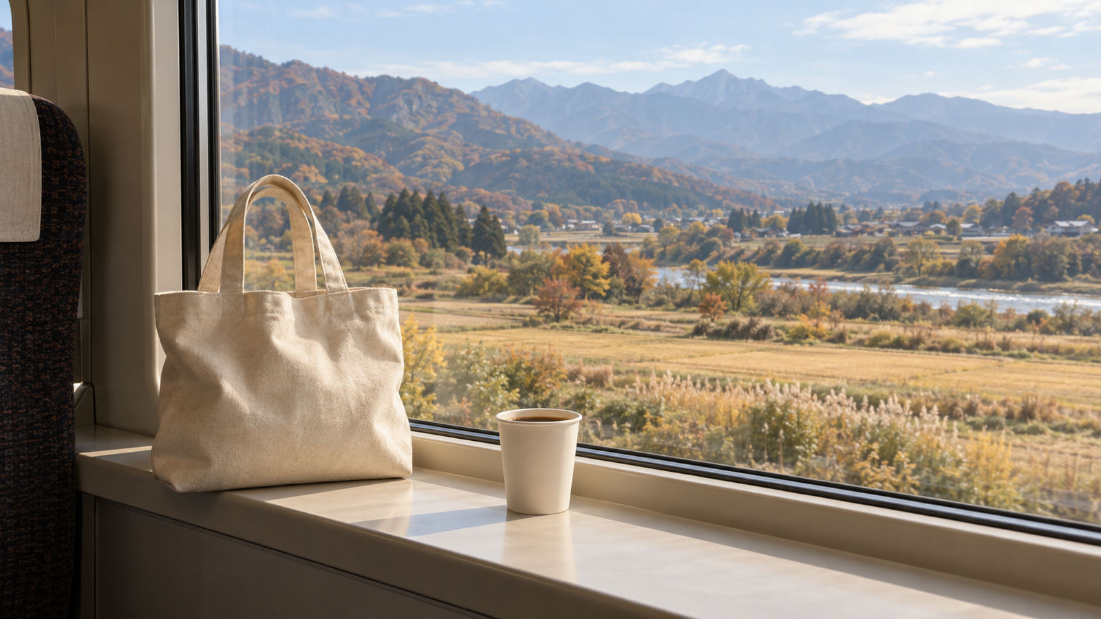 旅行に出かける日のイメージ。電車の窓辺に置いたトートバッグとコーヒー、窓の外に長野の山並みと秋の田園