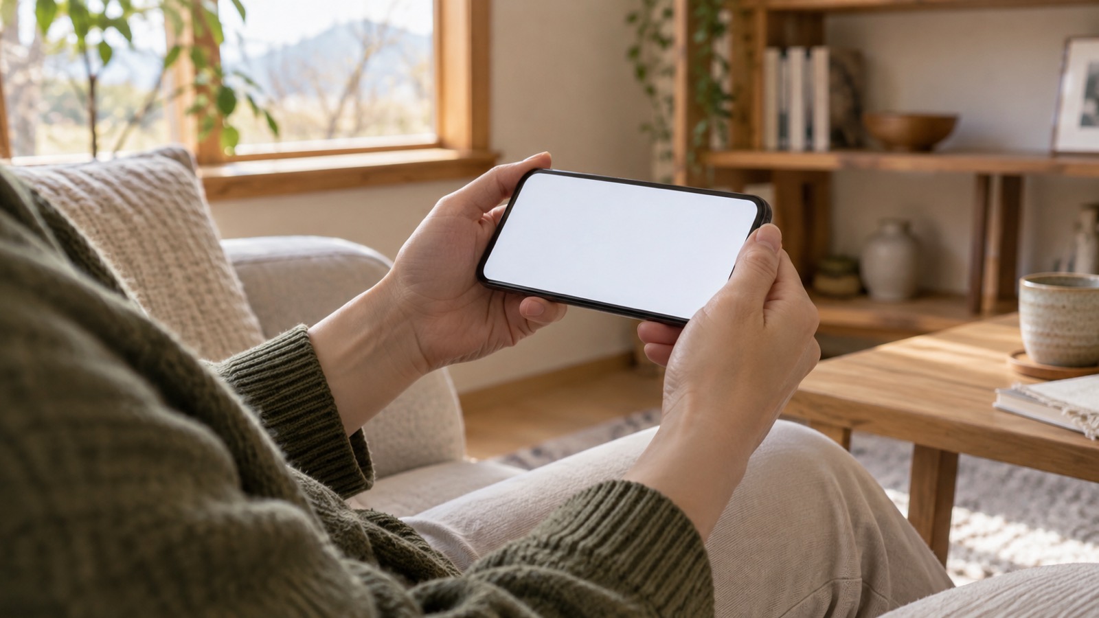 スマートフォンで優待を探すイメージ。ソファでスマートフォンを見ている手元
