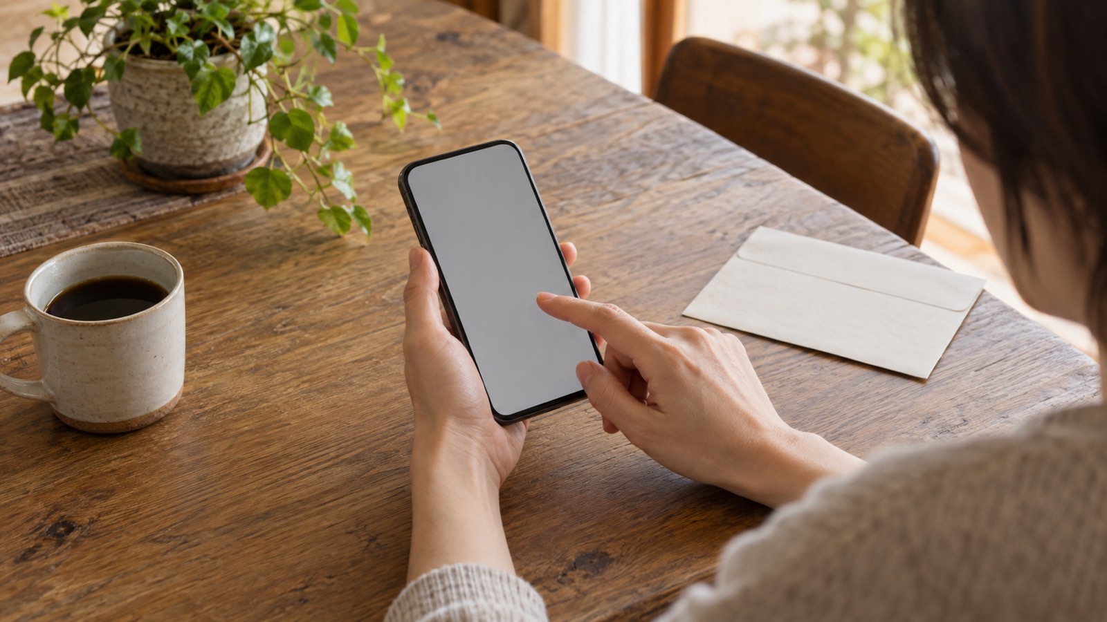 自宅でスマートフォンからカードを申し込むイメージ。テーブルの上のスマートフォンとマグカップ